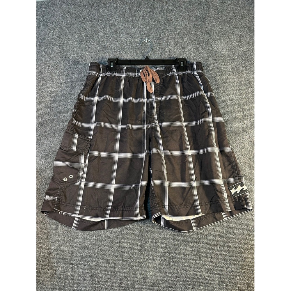 Billabong Mens Black White Plaid Board Shorts Cargo Pocket Size L Y2K Surf